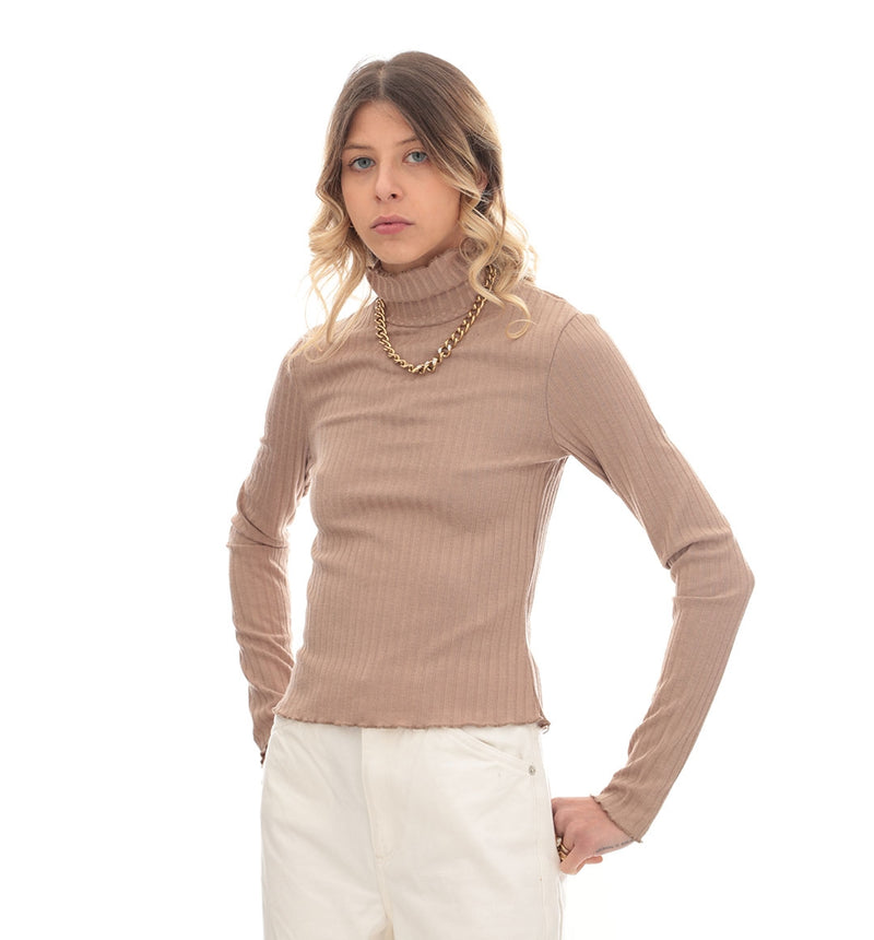 NA-KD High Neck Long Sleeve Top (Beige)