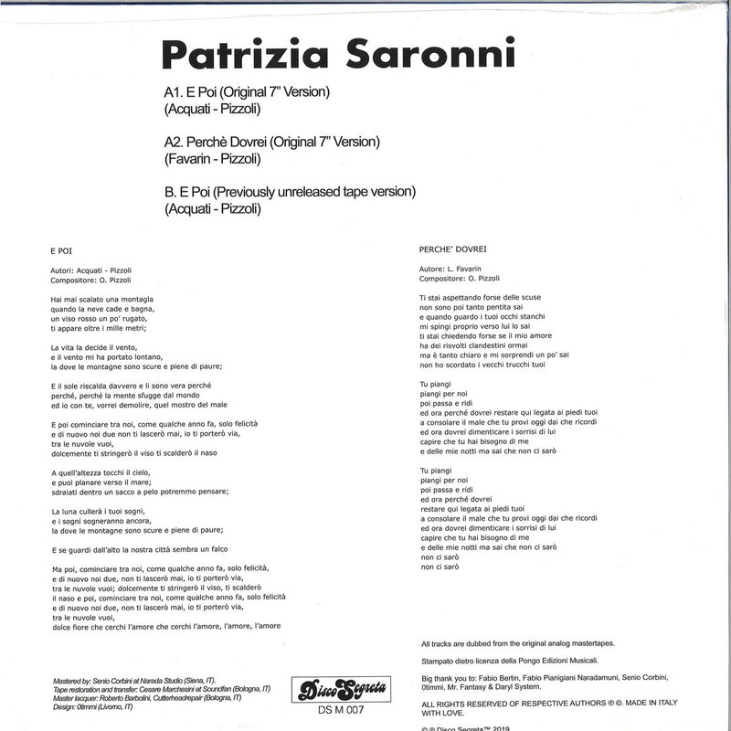 Patrizia Saronni - E Poi / Perchè Dovrei (12" Vinyl) | Disco Segreta (DSM007)